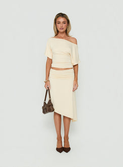 Featuring the Sezzia Ruched Asymmetrical Midi Skirt Beige womens-skirts with fitted silhouette and length detail Princess Polly