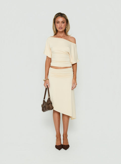 Featuring the Sezzia Ruched Asymmetrical Midi Skirt Beige womens-skirts with fitted silhouette and length detail Princess Polly