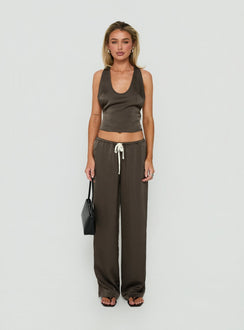 Dialled Up Tie Waist Satin Pants Mocha