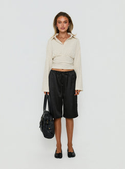 Raezer Cinched Polo Long Sleeve Top Cream Stripe