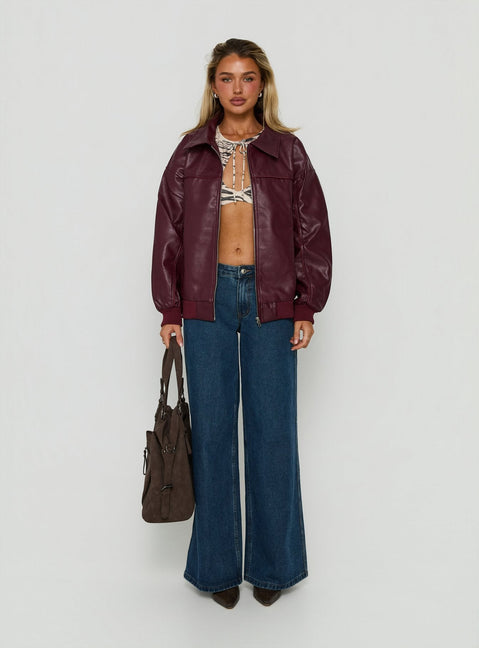 Goldsmith Faux Leather Bomber Jacket Burgundy