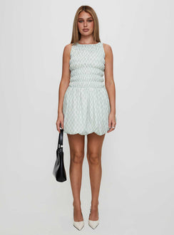 Demure Shirred Bubble Hem Mini Dress Check