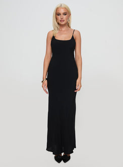front view of model wearing Princess Polly Lagane Bias Cut Maxi Dress Black Scoop Neck 