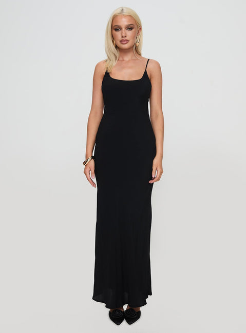 front view of model wearing Princess Polly Lagane Bias Cut Maxi Dress Black Scoop Neck 