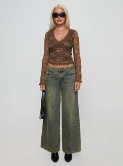 front view of model wearing Princess Polly Pitter Long Sleeve Top Brown Full Sleeves V-Neck 