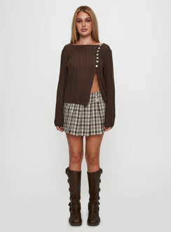front view of model wearing Princess Polly Lenker Knit Sweater Brown Long 