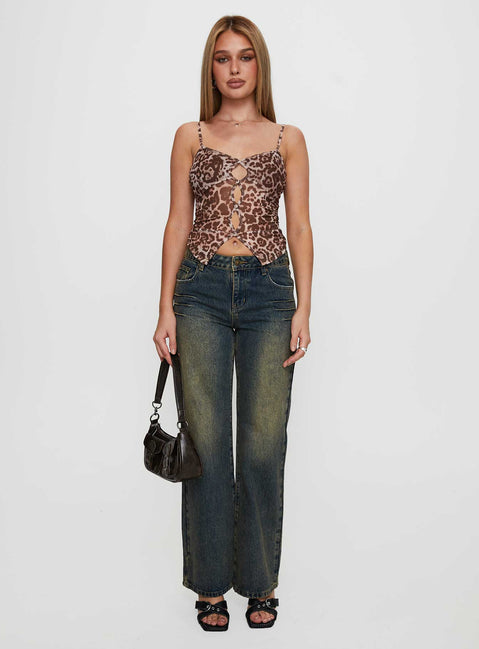 front view of model wearing Princess Polly Tanaia Button Up Top Leopard Sleeveless V-Neck 