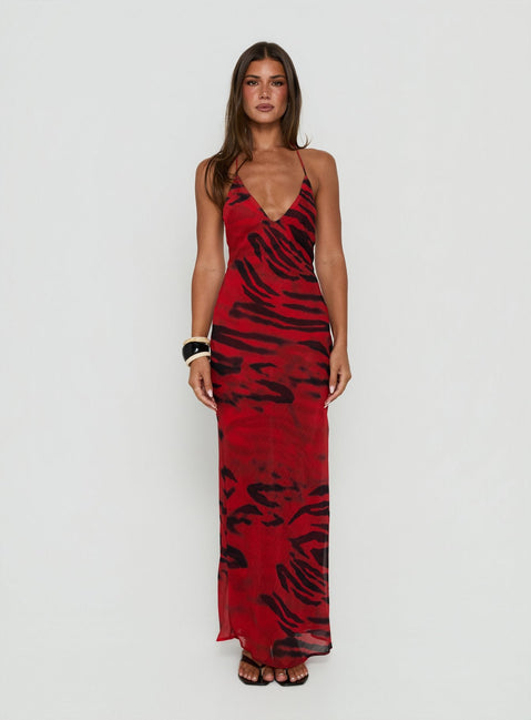 Eloisia T-Back Plunge Maxi Dress Red Animal