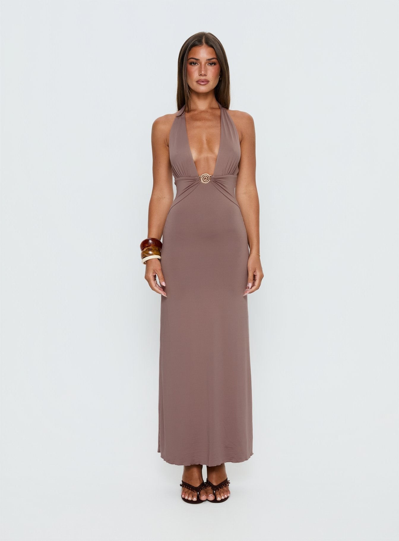 Naysana Halter Ruched Maxi Dress Mocha