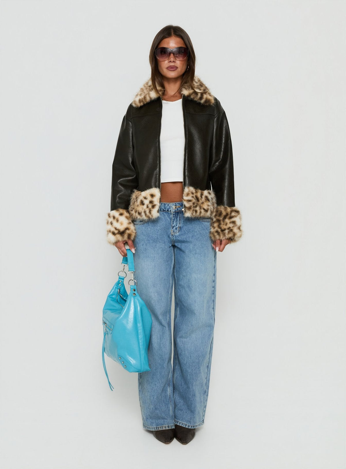 Stevvie Faux Fur Collared Jacket Black / Leopard