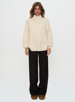 front view of model wearing Princess Polly Wistfully Funnel Neck Knit Sweater Cream Long 