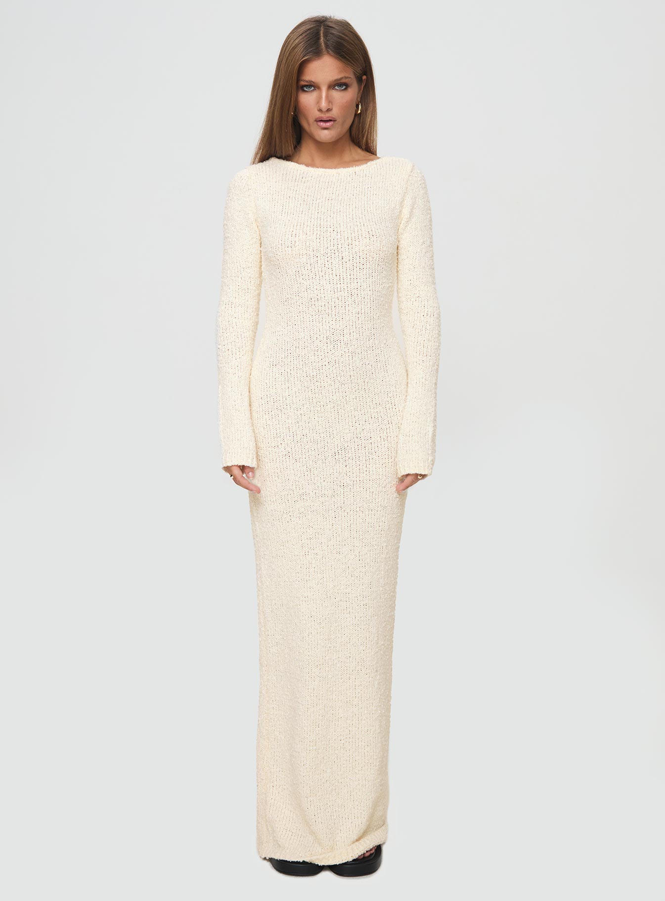 Long sleeve maxi dress Boucle material, low back, sheer knit, tie fastening at back&nbsp;