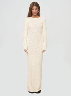 Long sleeve maxi dress Boucle material, low back, sheer knit, tie fastening at back&nbsp;