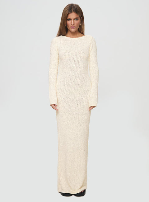 Long sleeve maxi dress Boucle material, low back, sheer knit, tie fastening at back&nbsp;