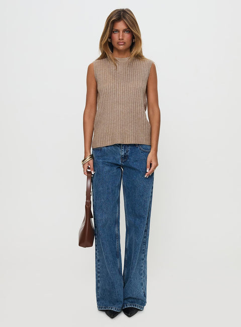 side view of model wearing Princess Polly Jessabell Rib Sleeveless Top Mocha Long 