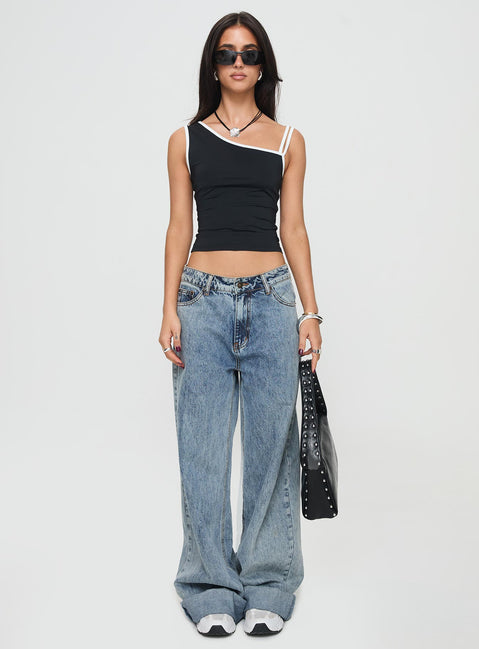 front view of model wearing Princess Polly Detalier One Shoulder Top Black Sleeveless Asymmetric Neckline 