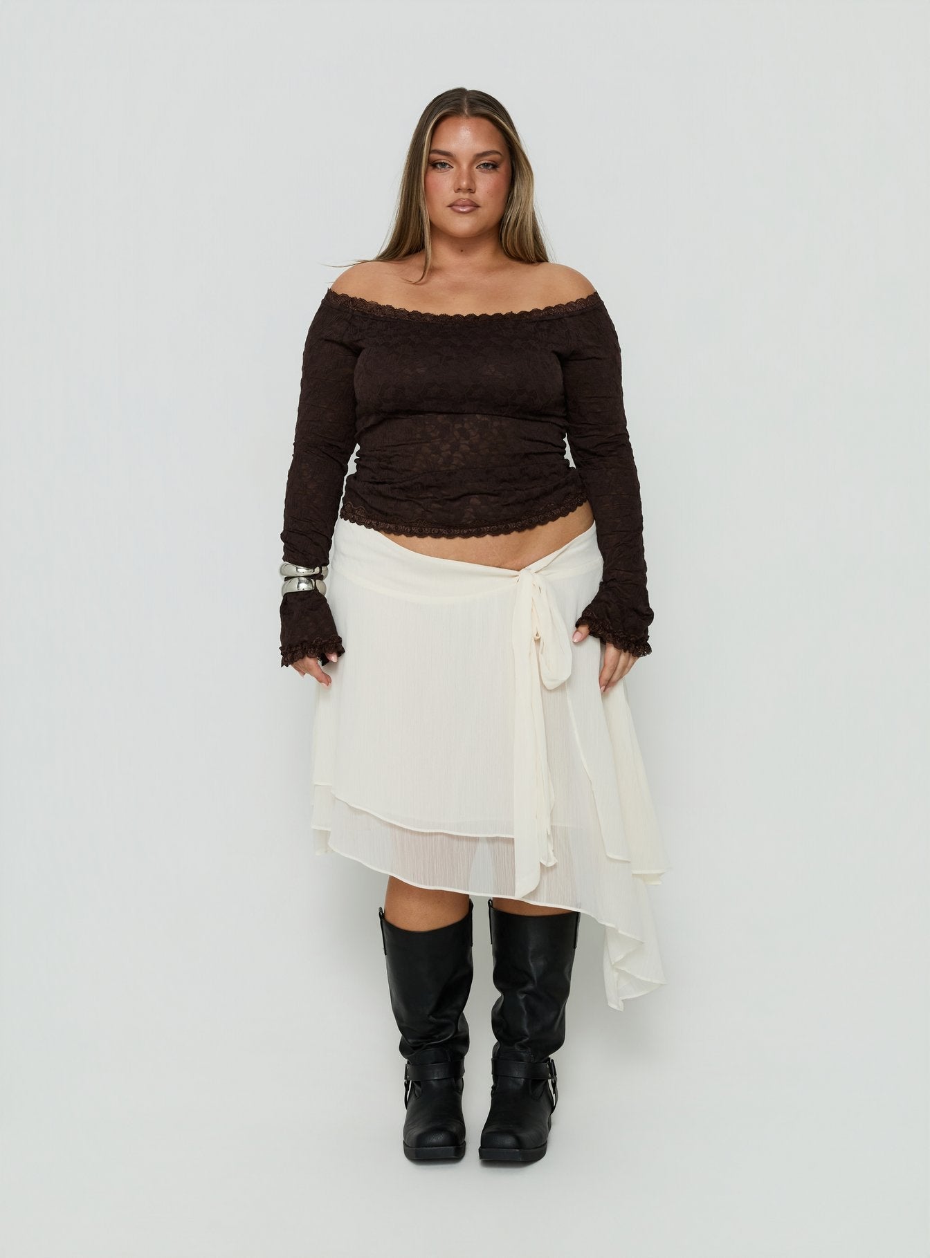 Mochapella Off The Shoulder Top Brown Curve