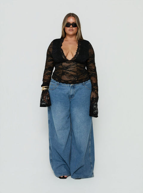 Kecia Long Sleeve Lace Top Black Curve