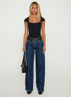 front view of model wearing Princess Polly Want You Forever Bodysuit Black Short Sleeve 