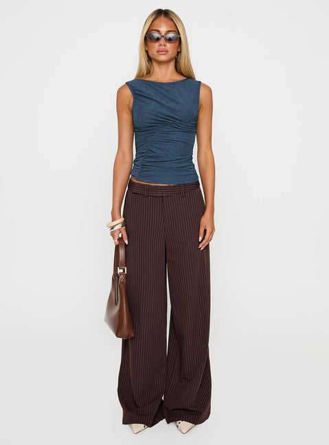 front view of model wearing Princess Polly Persuade You Ruched Top Blue Sleeveless Crew Neck 