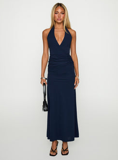 front view of model wearing Princess Polly Casino Halter Maxi Navy Plunger 