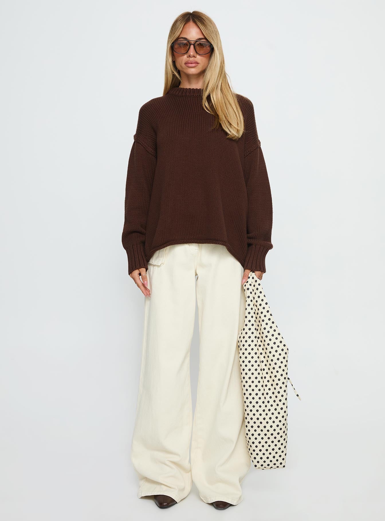 front view of model wearing Princess Polly Wilda Crew Neck Knit Sweater Brown Longline Jumpers 