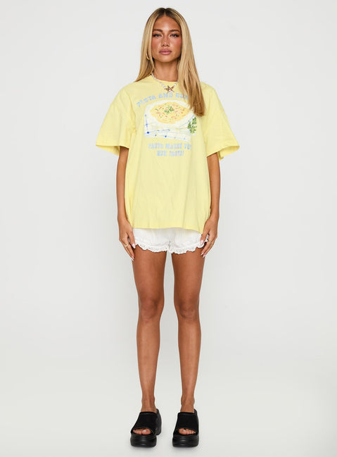 side view of model wearing Princess Polly Pasta Makes You Fasta Oversized Tee Yellow Half Sleeves Crew Neck 