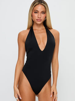 front view of model wearing Princess Polly Kendrae Plunge Halter Bodysuit Black Sleeveless 