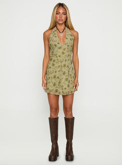 front view of model wearing Princess Polly Mysterie Halter Mini Dress Green / Floral Plunger 