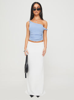 front view of model wearing Princess Polly Messenger One Shoulder Top Blue Sleeveless Asymmetric Neckline 