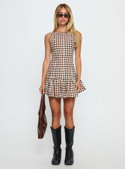 Kolbie Boat Neck Frill Mini Dress Brown Gingham