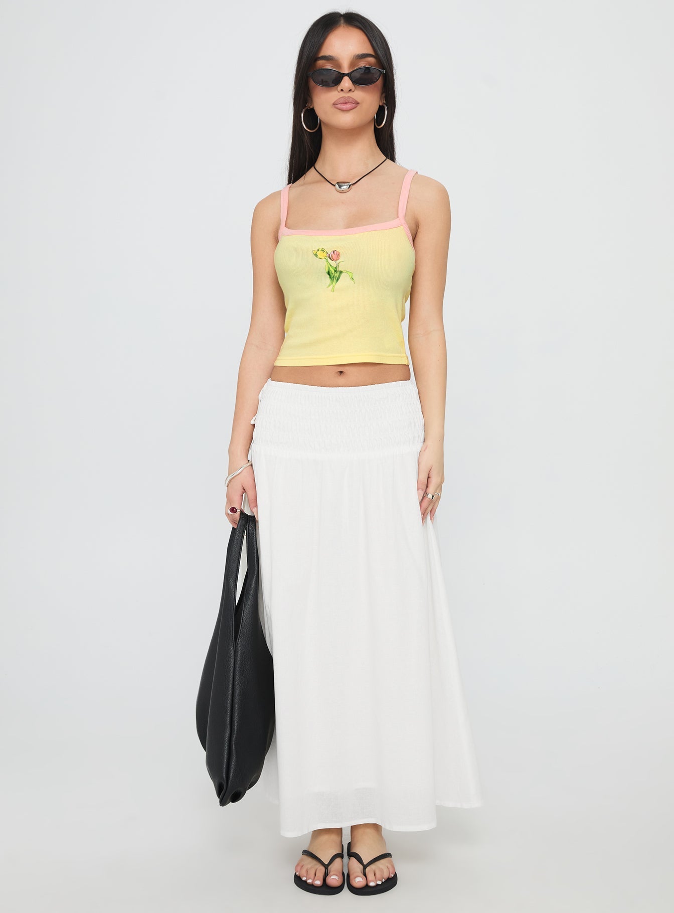   front view of model wearing Princess Polly Vence Ruched Maxi Skirt White Maxi 