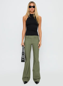 front view of model wearing Princess Polly Kinkirk Flared Pants Olive Green Low Rise Pants 