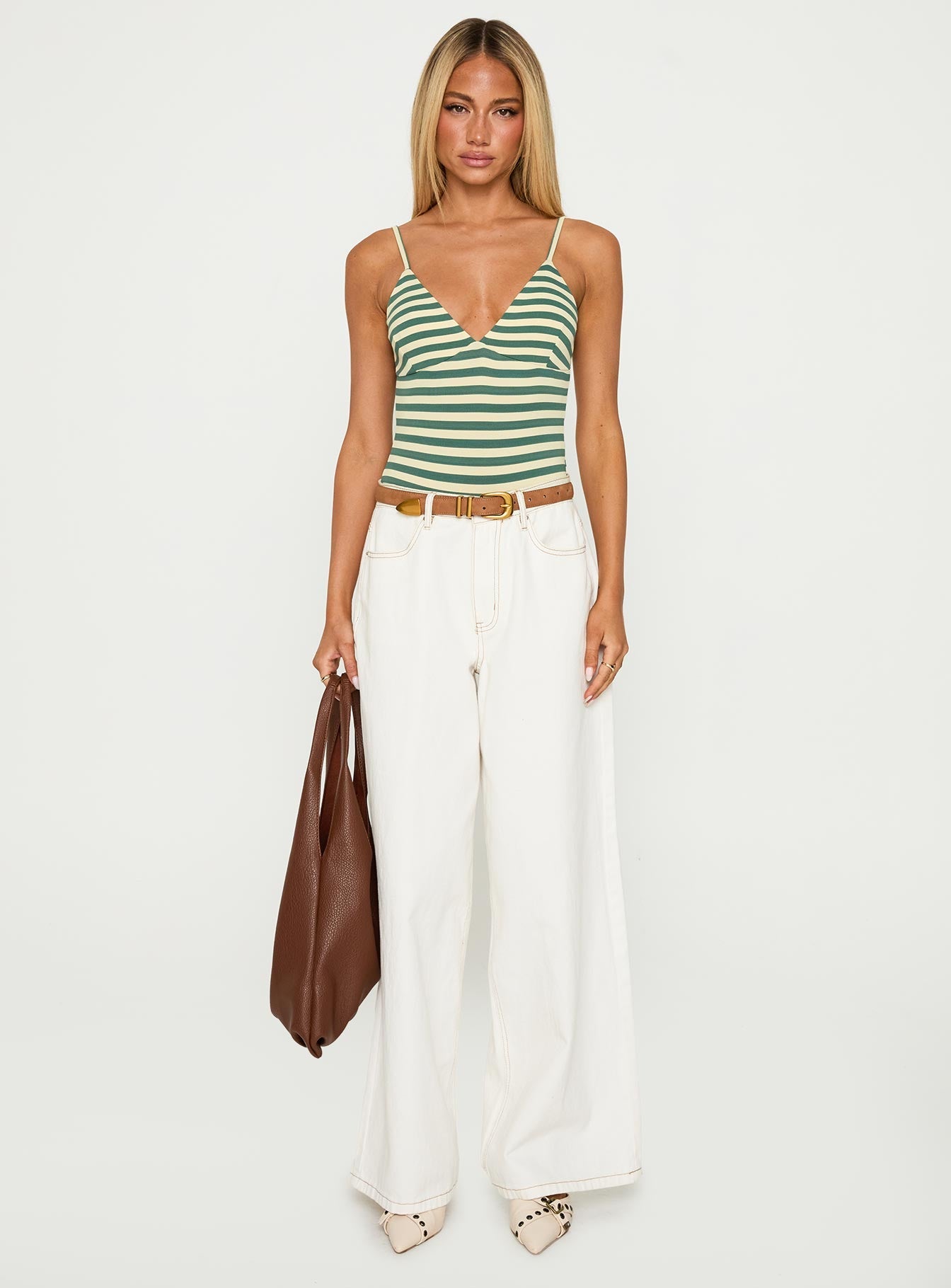 side view of model wearing Princess Polly Like A Daydream Bodysuit Green / Cream Sleeveless 