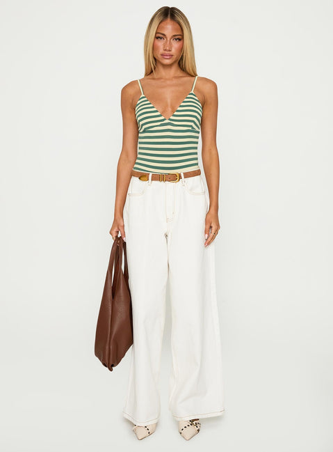 side view of model wearing Princess Polly Like A Daydream Bodysuit Green / Cream Sleeveless 