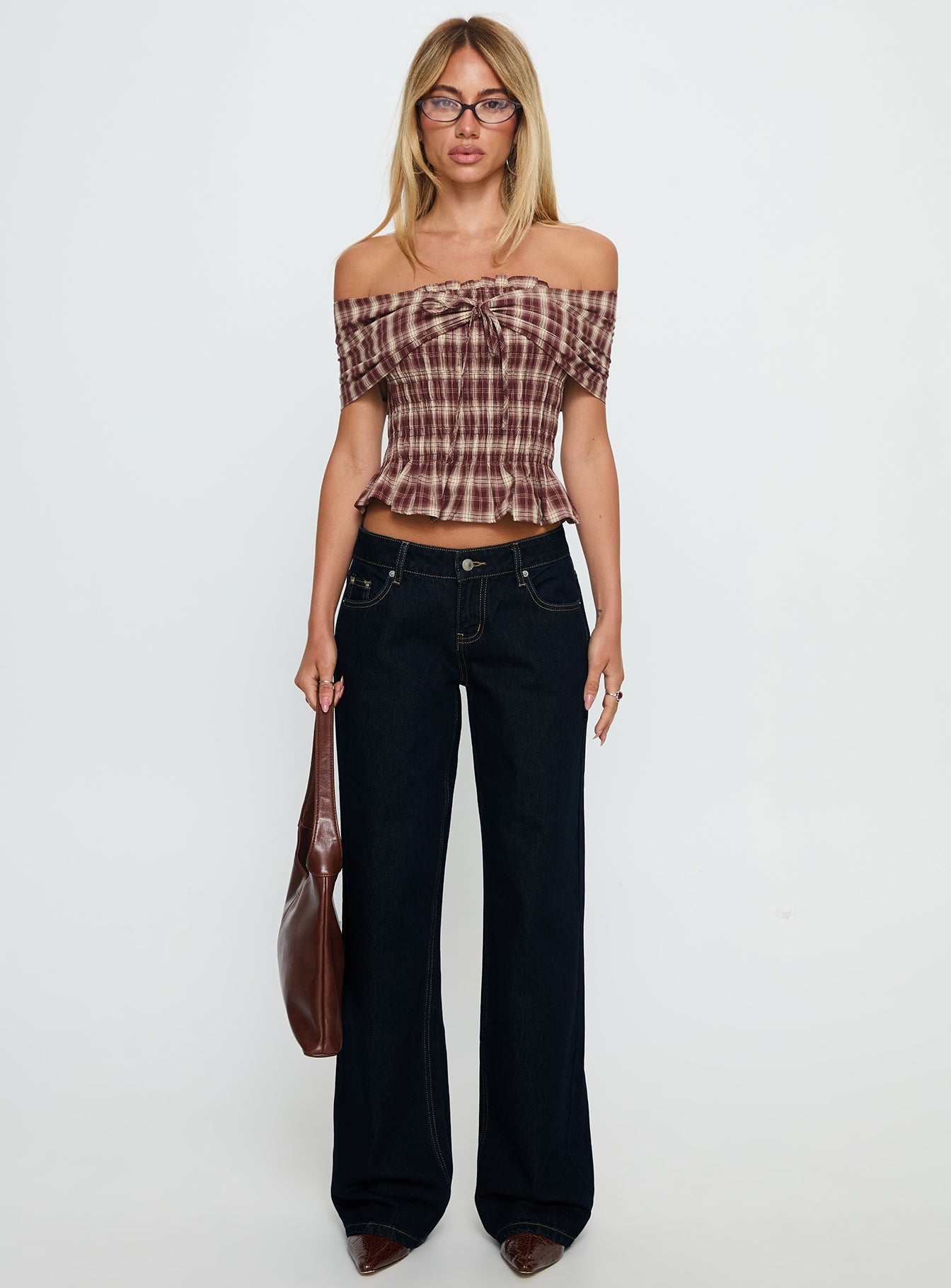 front view of model wearing Princess Polly Tidal Wave High Rise Straight Leg Jeans Raw Denim Mid Rise Jeans 