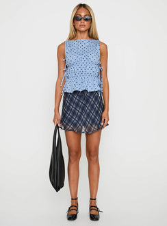 front view of model wearing Princess Polly Endless Summers Tie Side Top Blue Polka Dot Sleeveless Boat Neck 
