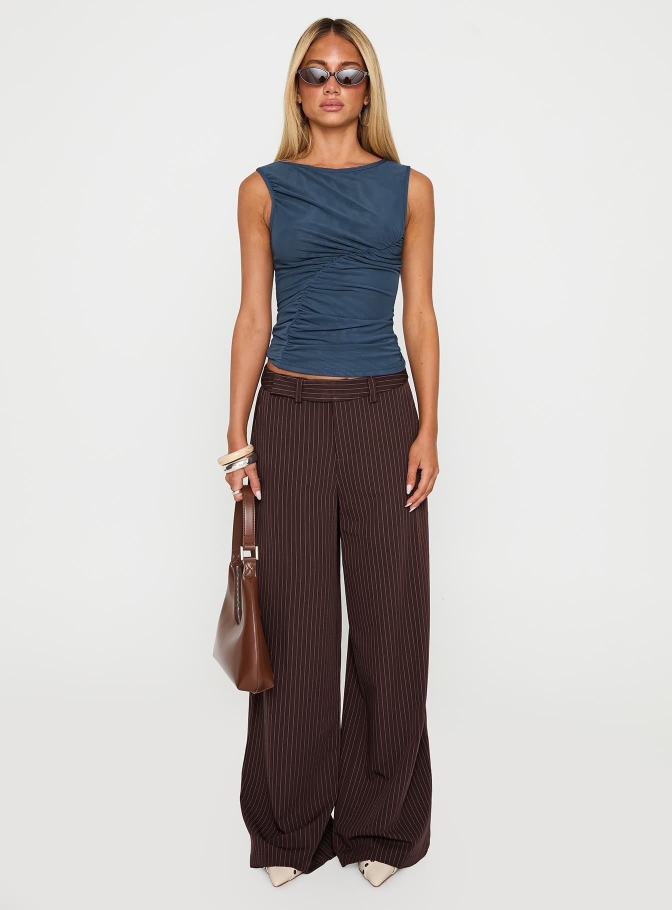 front view of model wearing Princess Polly Lustre Wide Leg Pant Brown Pinstripe Low Rise Pants 