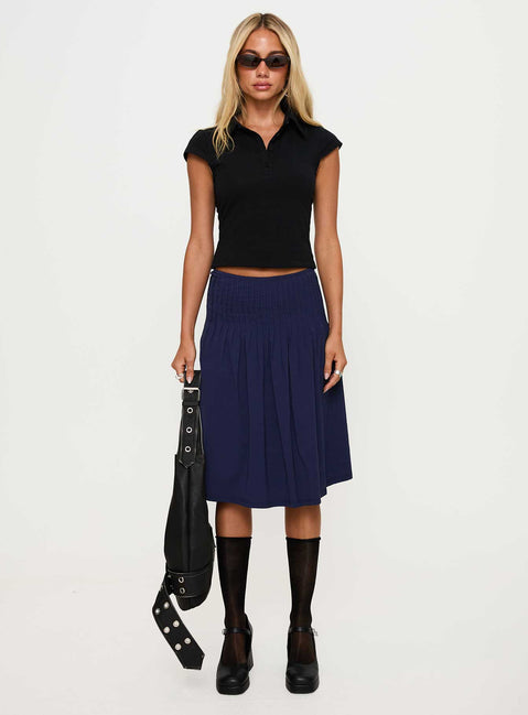   front view of model wearing Princess Polly Elaila Pleat Midi Skirt Navy Midi Skirts Skirts 