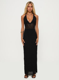 side view of model wearing Princess Polly San Lorenzo Crochet Maxi Dress Black Plunger 