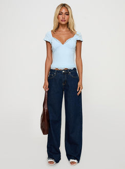 side view of model wearing Princess Polly Full Of Wonder Top Blue Short Sleeves V-Neck 