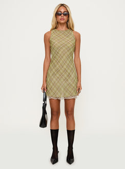 side view of model wearing Princess Polly Buffie Shoulder Mini Dress Green Check Crew Neck 