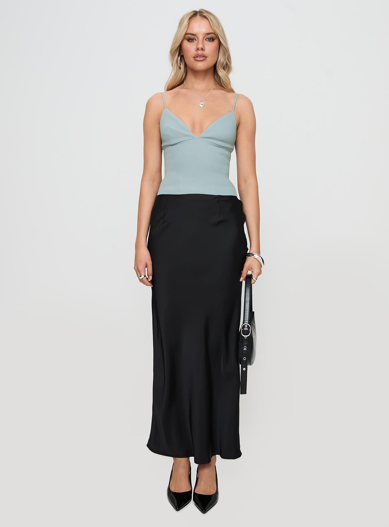 front view of model wearing Princess Polly Sculpture Top Grey Sleeveless Plunger 