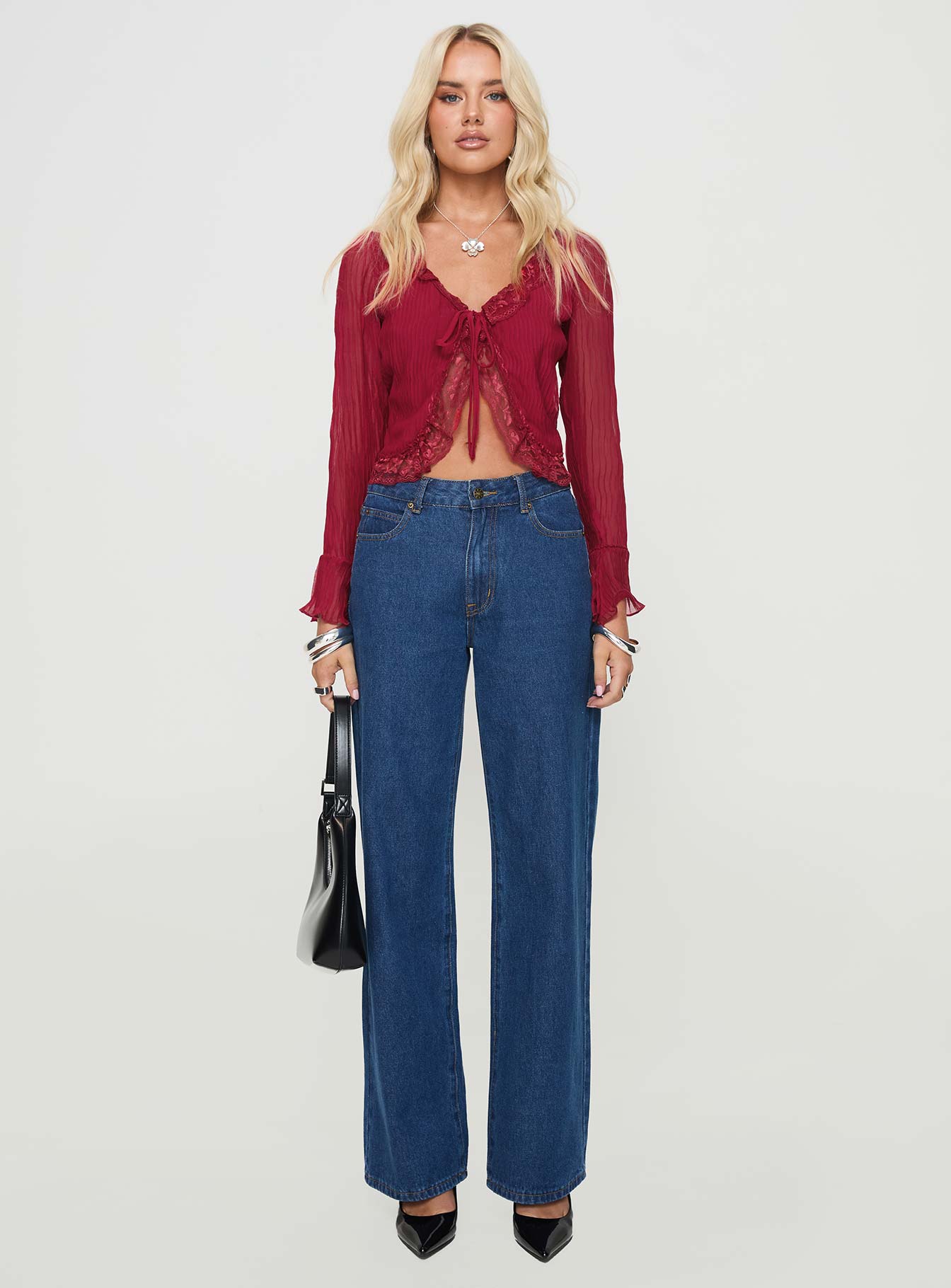 Long sleeve top Plunging neckline, lace trim, tie fastening at bust, elasticated wrists, sheer sleeves Non-stretch, lined bust