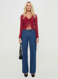 Long sleeve top Plunging neckline, lace trim, tie fastening at bust, elasticated wrists, sheer sleeves Non-stretch, lined bust