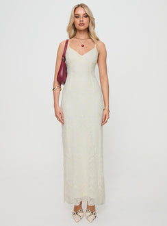 front view of model wearing Princess Polly Euphemia Maxi Dress Cream V-Neck 