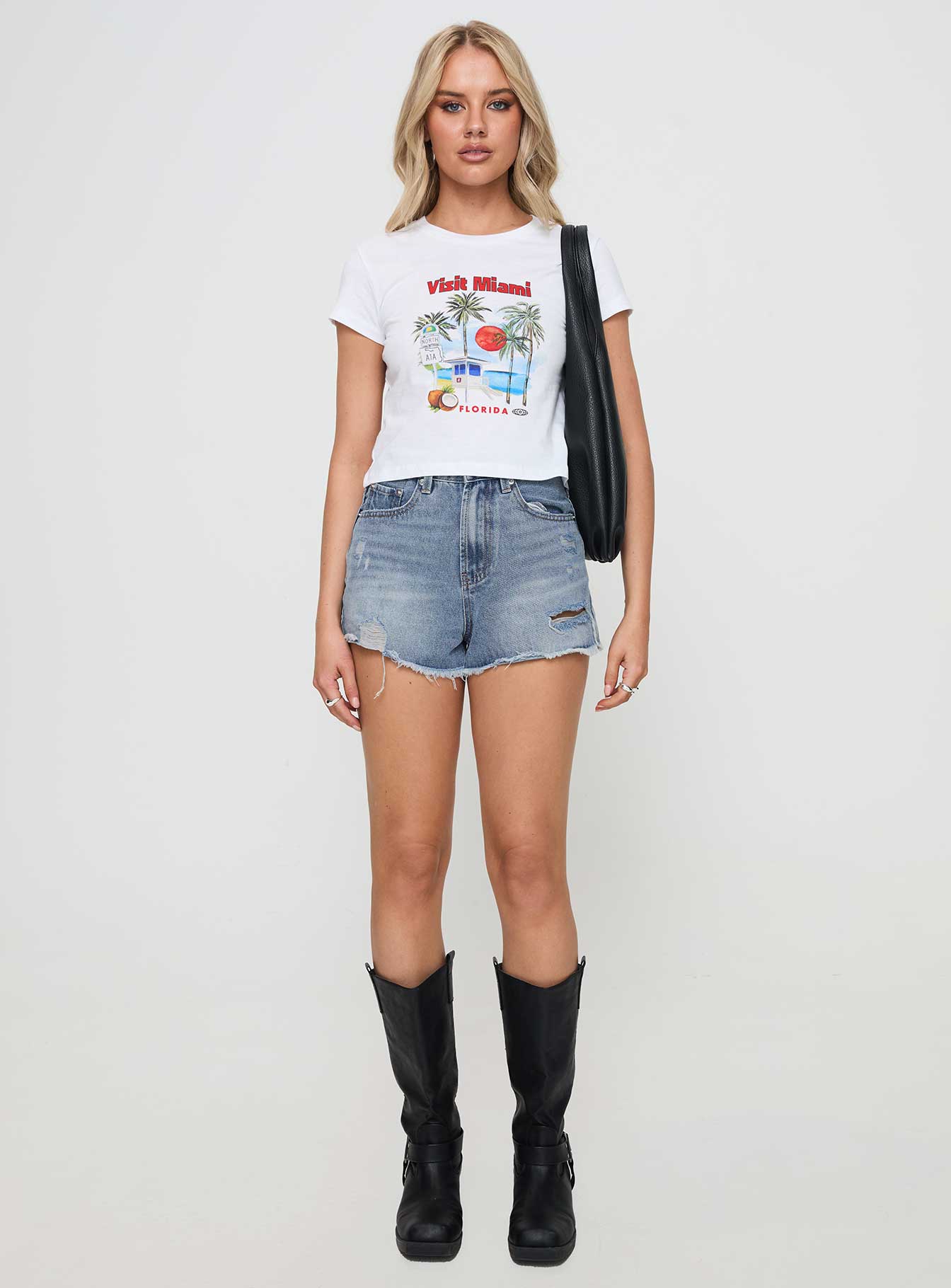 front view of model wearing Princess Polly Visit Miami Graphic Tee White Short Sleeves Crew Neck 