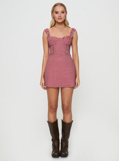 back view of model wearing Princess Polly Faubert Mini Dress Red Gingham Sweetheart Neckline 