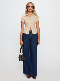 side view of model wearing Princess Polly Lift Off Button Up Top Cream / Navy Stripe Short Sleeves V-Neck 