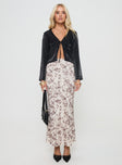Maxi skirt Slim fit, floral print, elasticated waistband Good stretch, unlined  Princess Polly Lower Impact 